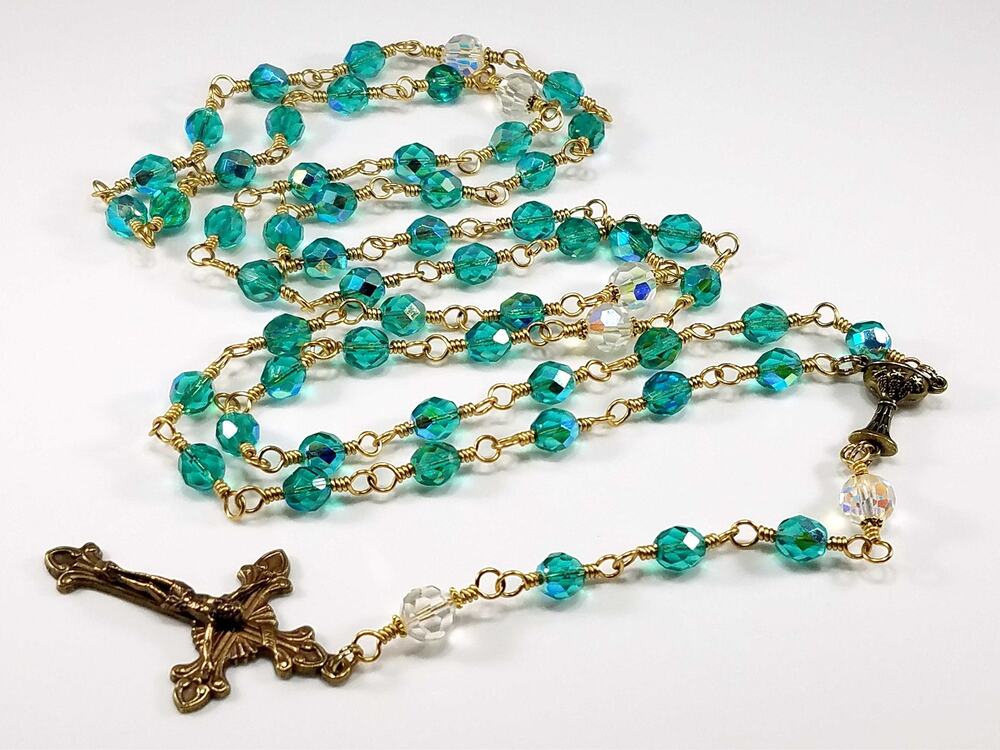 Handmade Teal Czech Crystal Rosary Vintage Swarovski Brass 31"